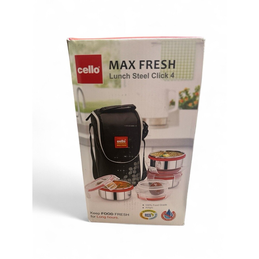 NEW Cello Max Fresh Click Steel Leakproof Lunch Box Set with Bag 4 Containers